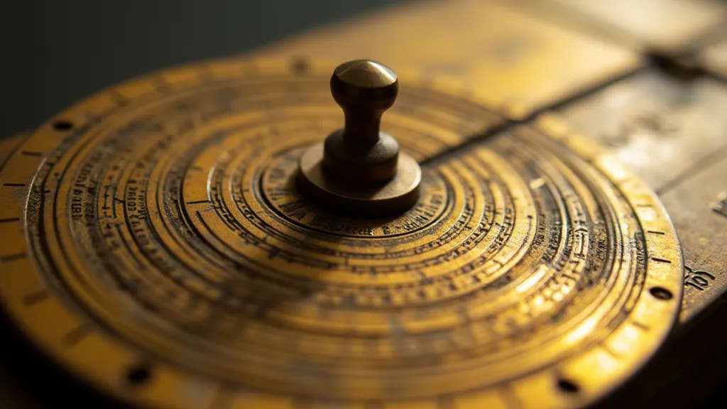 Close-up of a slide rule's brass dial
