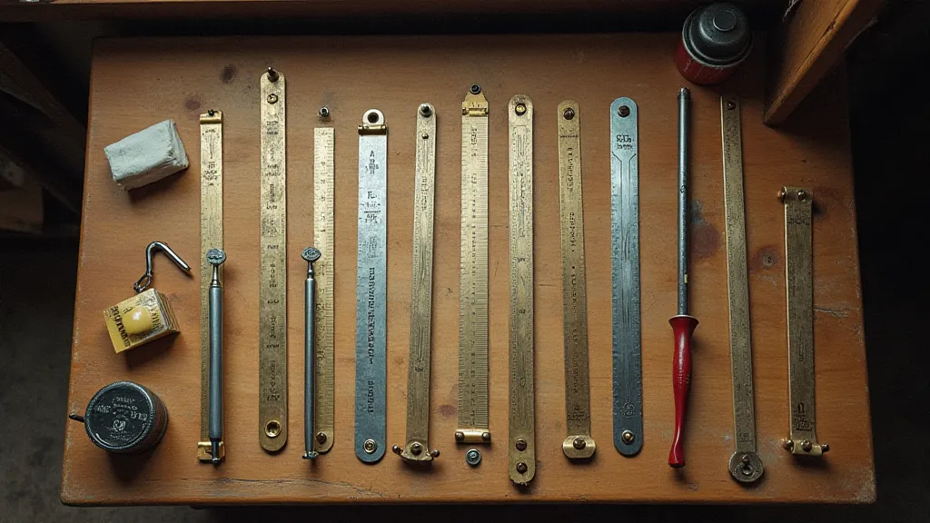Vintage slide rules on a workbench