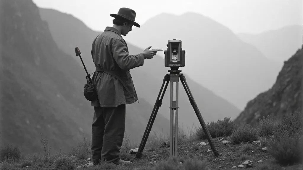 Surveyor using slide rule in the field